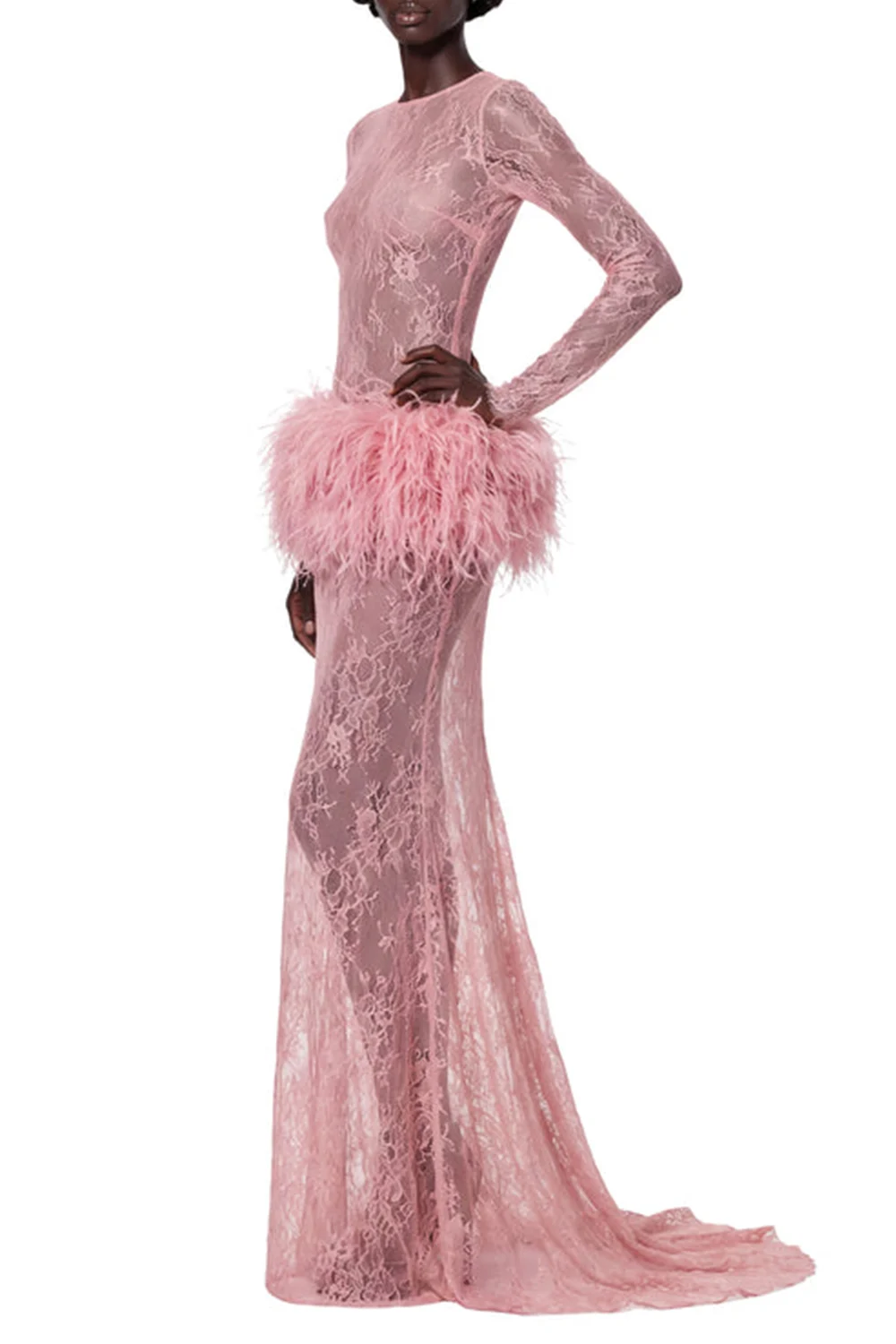 Pink Lace Long Sleeve Feather Trim Maxi Evening Dress [erp-image:ba0f7a53a621126de0969a6b]