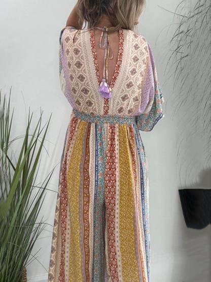 Retro Floral Flare Sleeve Pocketed Loose Wide Leg Jumpsuit