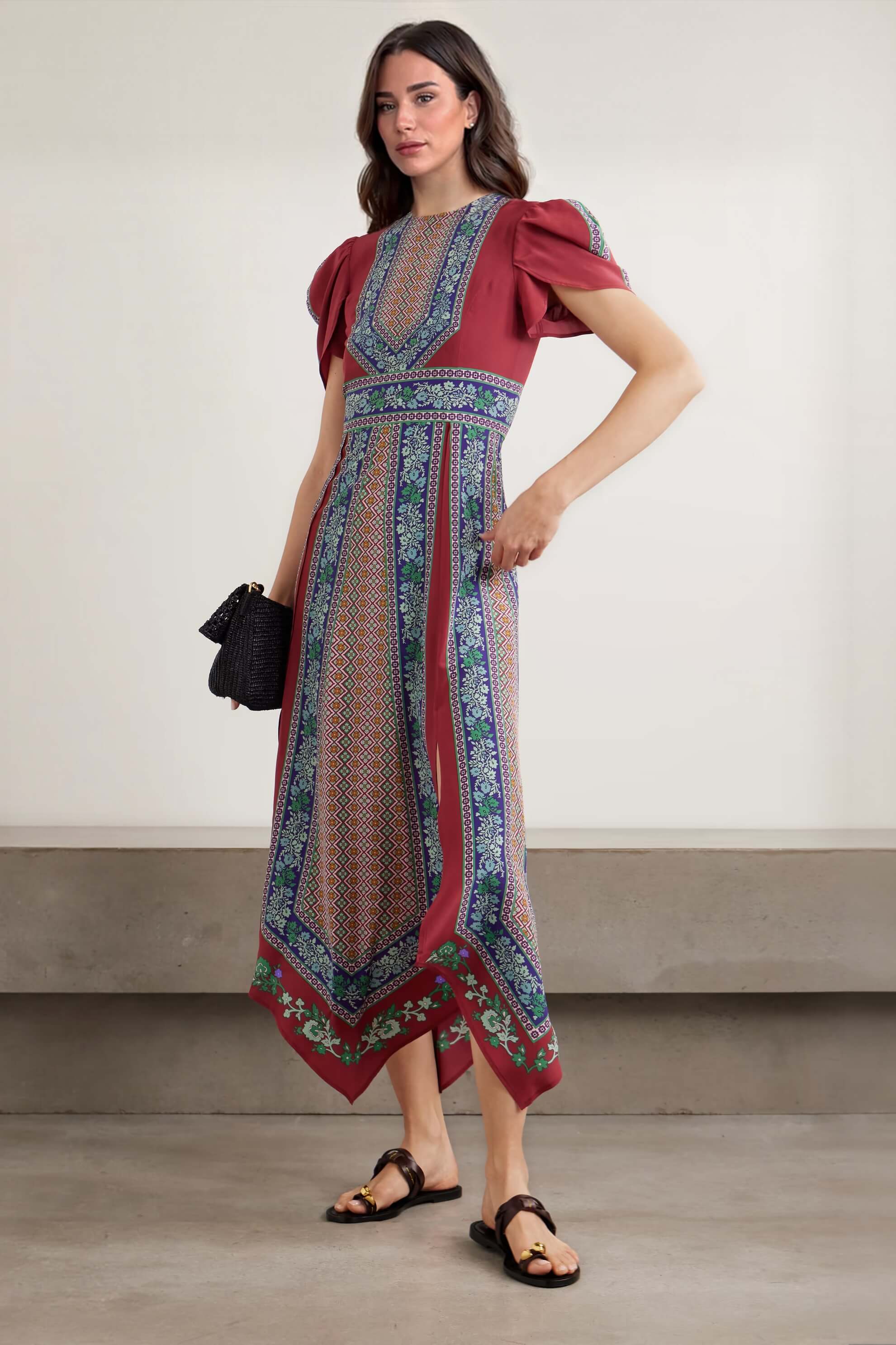 Exquisite Retro Print Asymmetrical Hem Midi Dress
