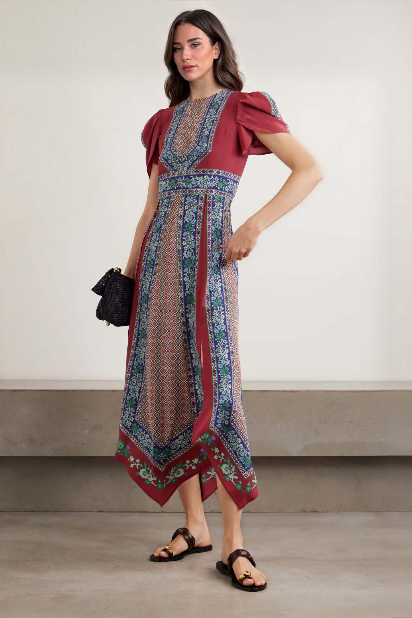 Exquisite Retro Print Asymmetrical Hem Midi Dress