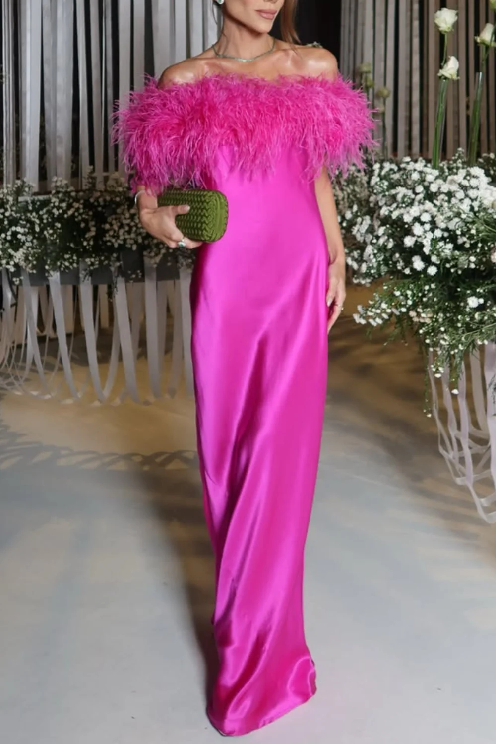 Hot Pink Feather Trim Off-the-Shoulder Satin Column Maxi Dress [erp-image:4bd8be05bbdc9d100d7cbb5f]