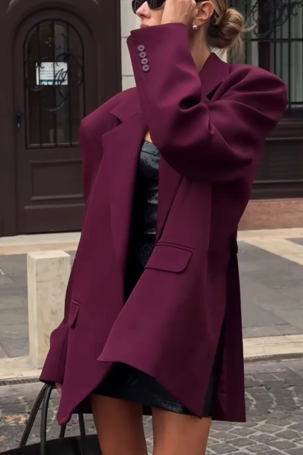 Women's Burgundy Oversized Single-Breasted Blazer with Notched Lapel