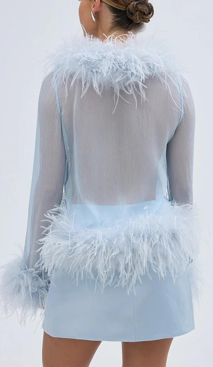 Baby Blue Feather Trim Long Sleeve Top and Mini Skirt Two Piece Set [erp-image:020c9bf9b75dcddea247f8e9]