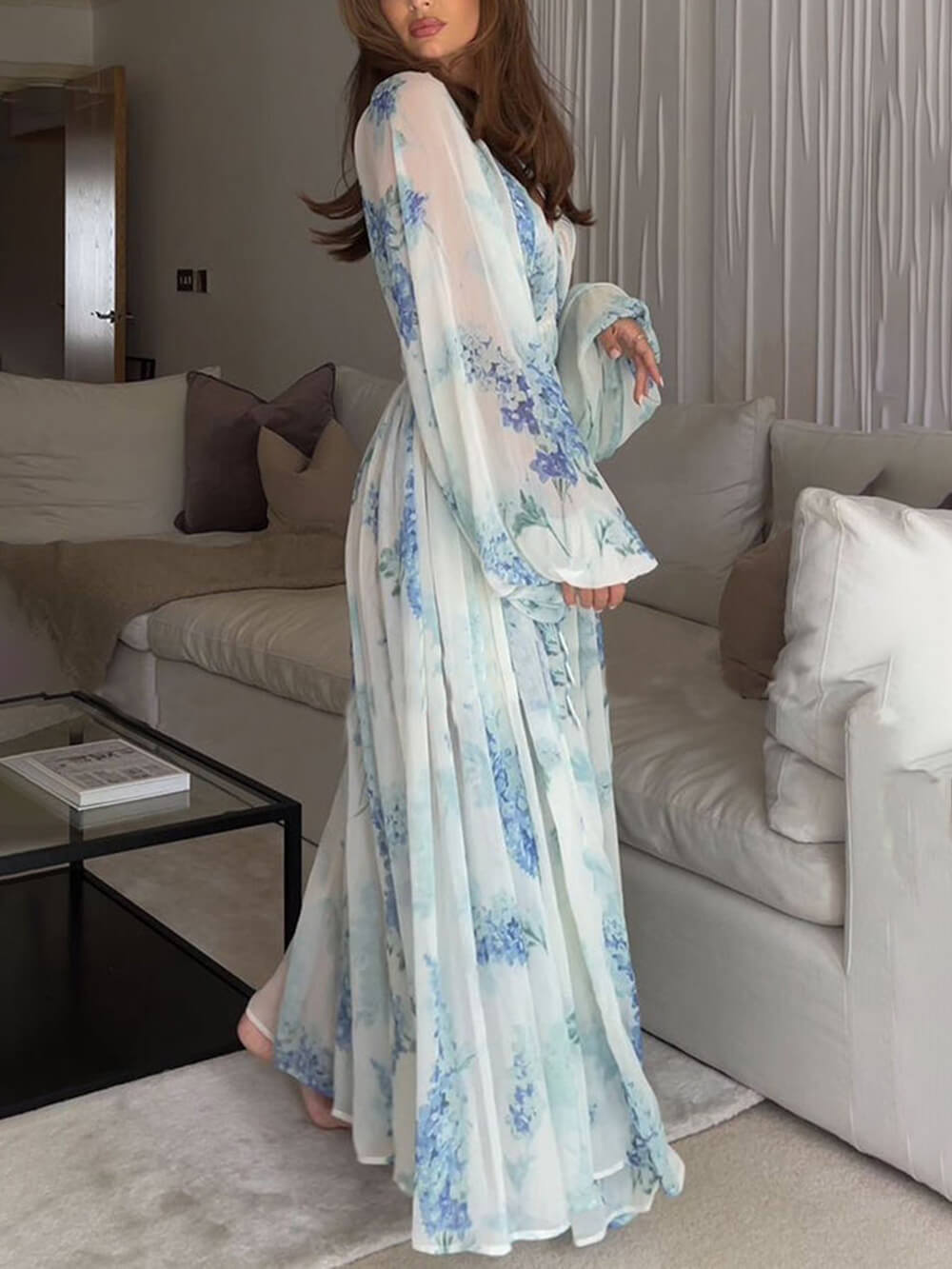 【I AM MARI】Wanda Shirring Chiffon Long One Piece Jen's Pirate Booty Electro Floral Sonora Dress Clay SH21-02G