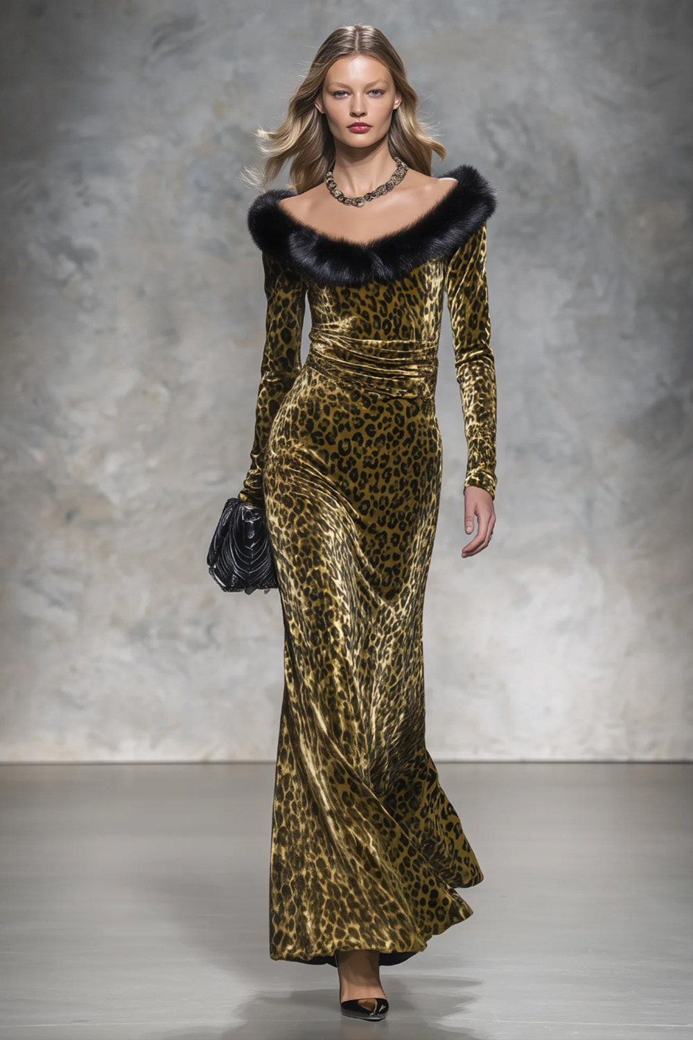 Vintage style Casual Elegant Long Velvet Leopard-print Skirt With Raw-edge Paneling