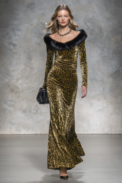 Vintage style Casual Elegant Long Velvet Leopard-print Skirt With Raw-edge Paneling