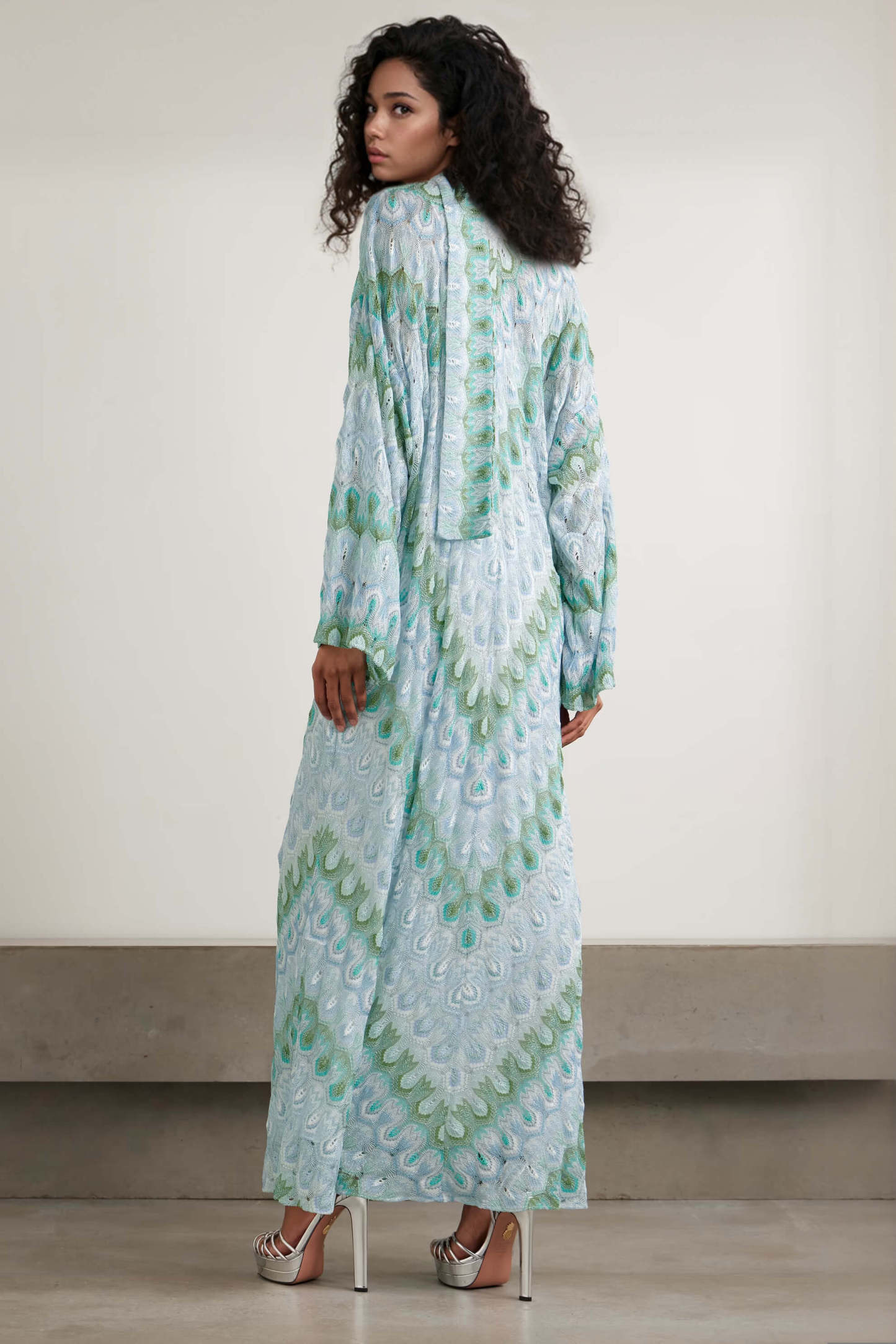 Boho Peacock Print Tie-Detail Striped Metallic Crochet Maxi Dress