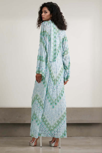 Boho Peacock Print Tie-Detail Striped Metallic Crochet Maxi Dress