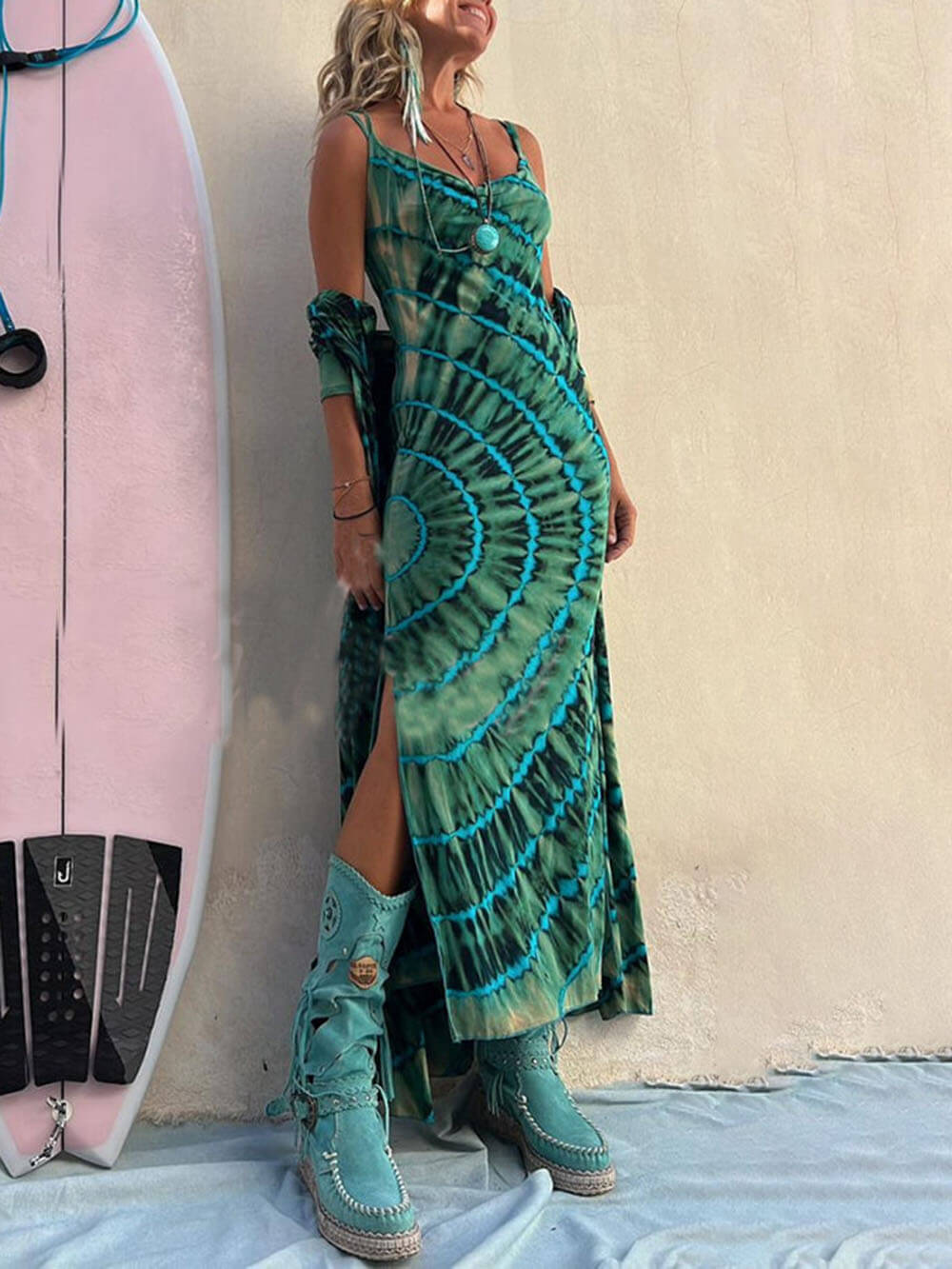Boho Tie-dye Print Slit Midi Dress-Likemychoice