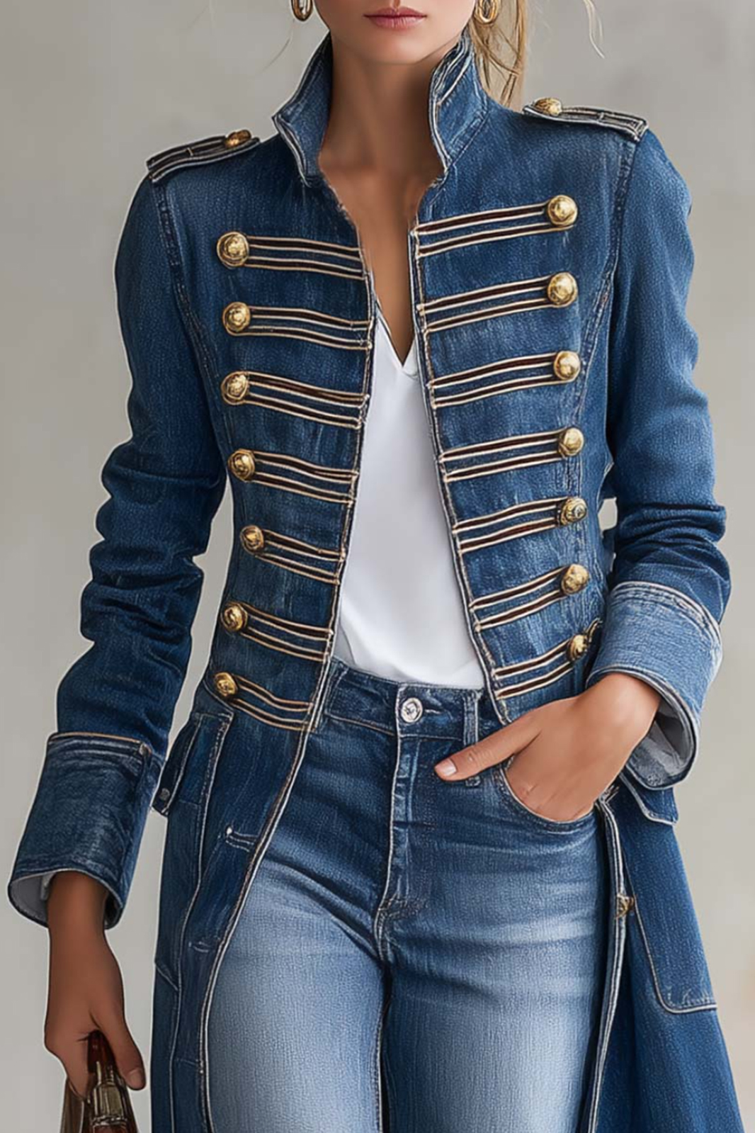 Vintage Washed Denim Military Officer Longline Gold Button Fitted Statement Coat Women