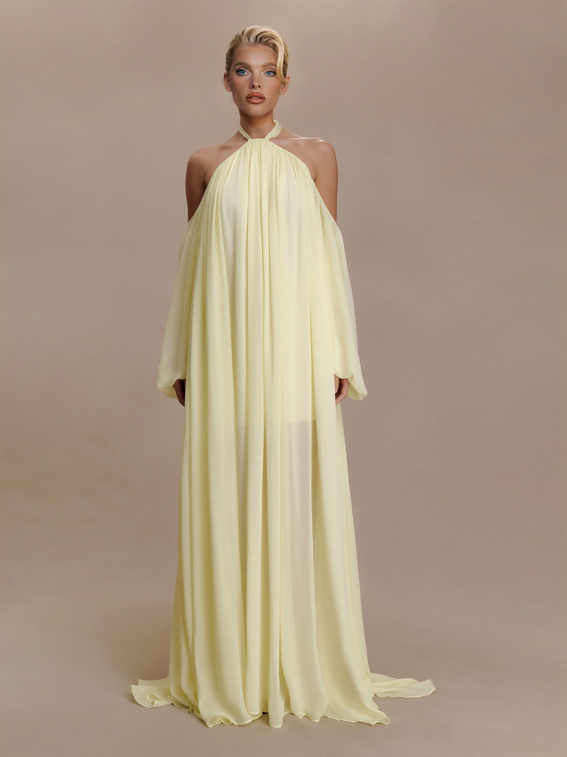 Elegant Halter Neck Draped Chiffon Maxi Dress