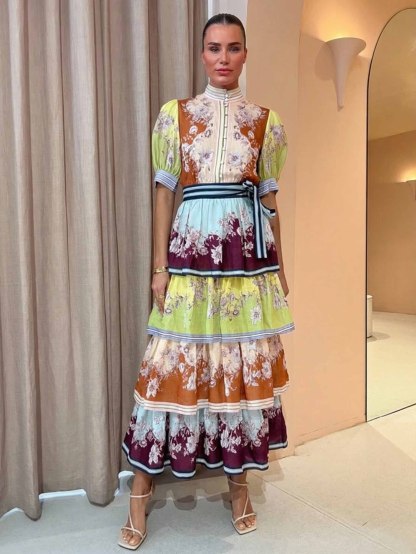 Retro Paisley Print Ruffled Midi Dress