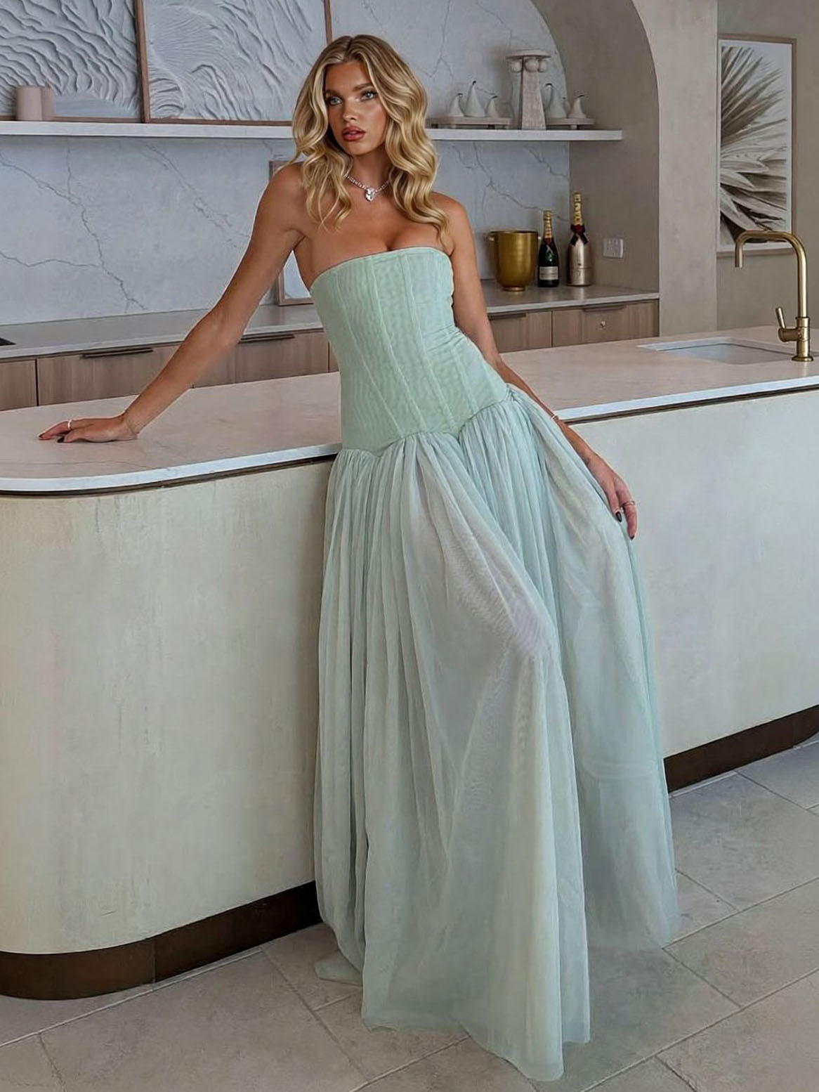 Elegant Strapless Corset Tulle Party Maxi Dress