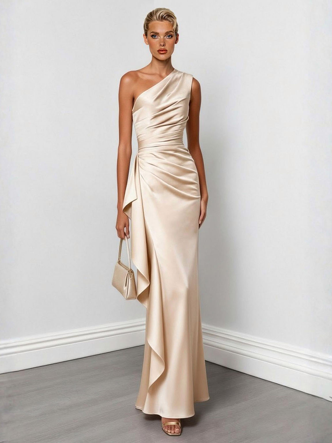 Elegant One-Shoulder Ruched Satin Maxi Dress