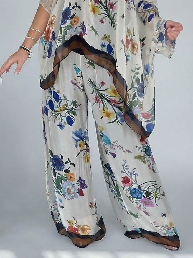 Elegant Sheer Floral Print Asymmetrical One-Shoulder Top & Wide Leg Pants Set