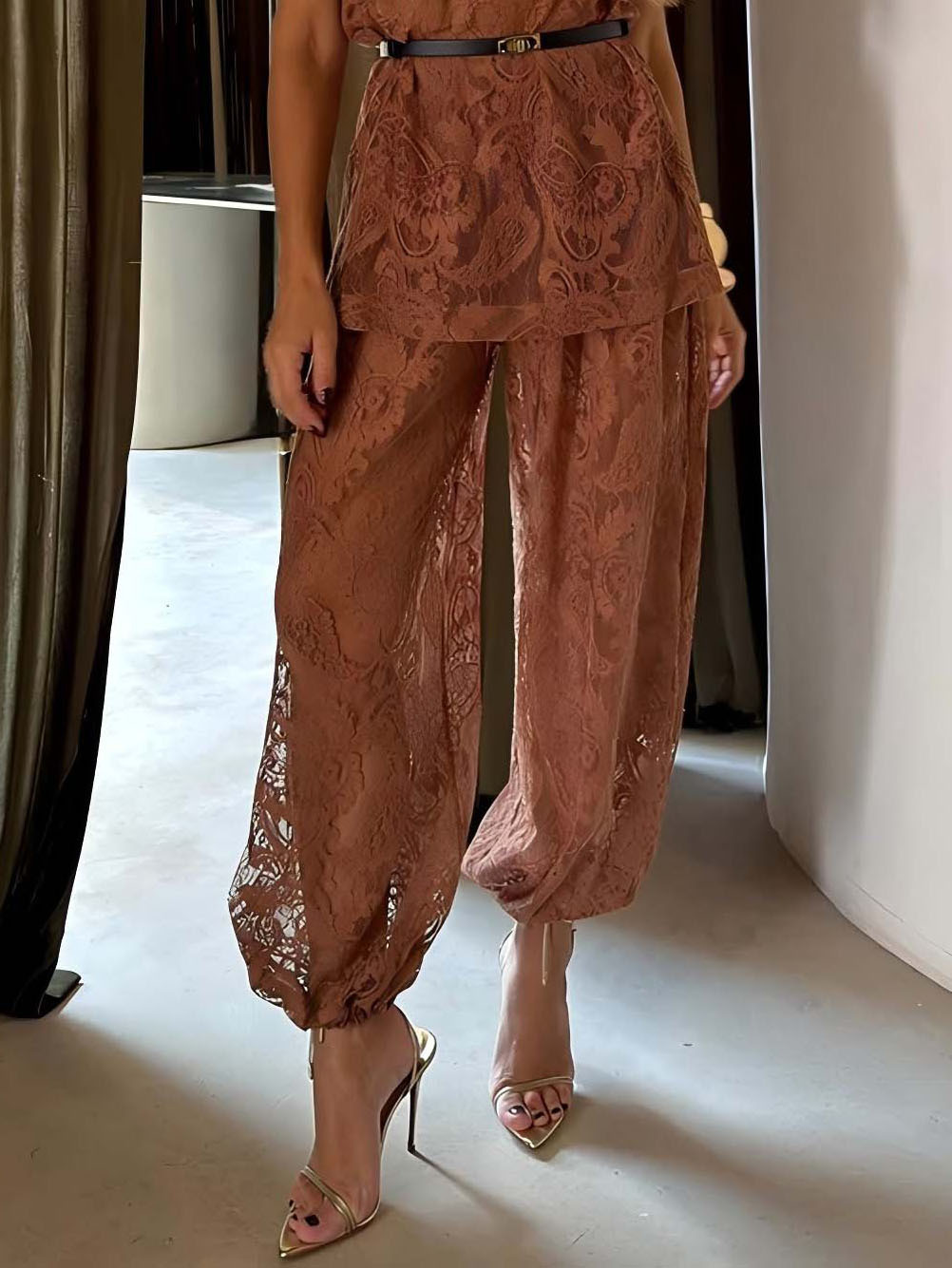 Elegant Sheer Lace Short Sleeve Top And Wide-Leg Pants Set