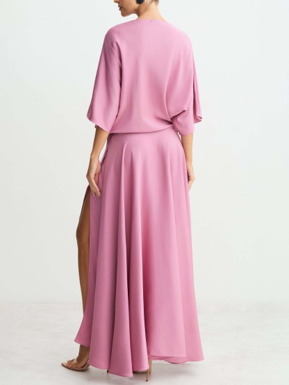 Elegant Satin Flowing Wrap Midi Dress