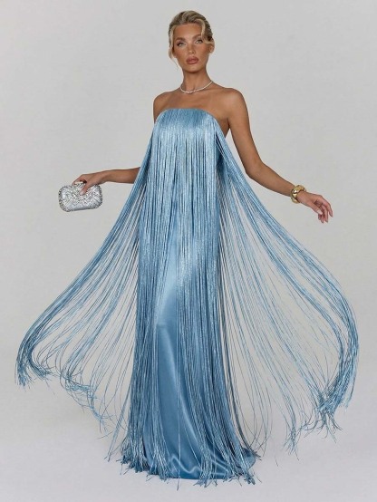 Elegant Strapless Fringe Formal Maxi Dress