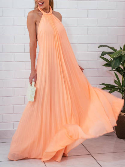 Elegant Ruched Woven Chiffon Halter Backless A-Line Maxi Dress