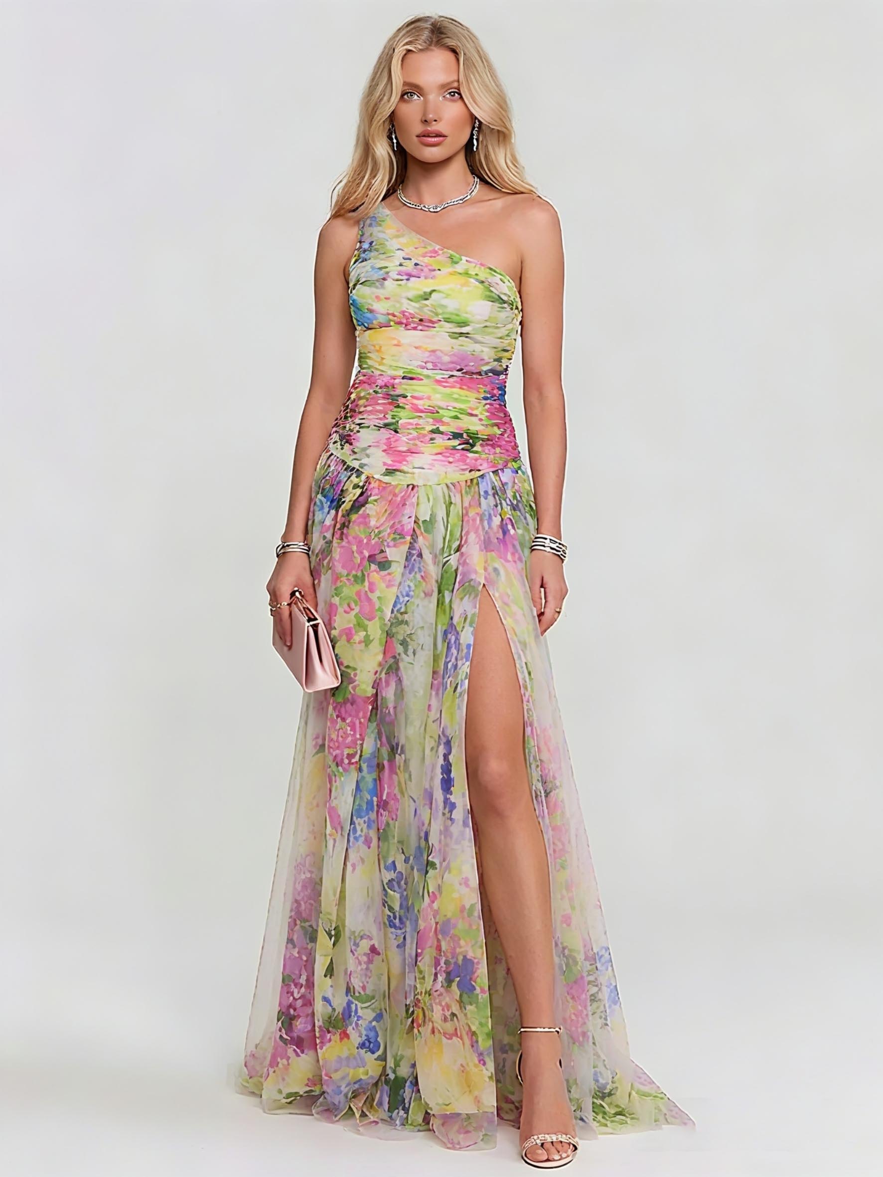 Elegant One-shoulder Watercolor Print Tulle Maxi Dress