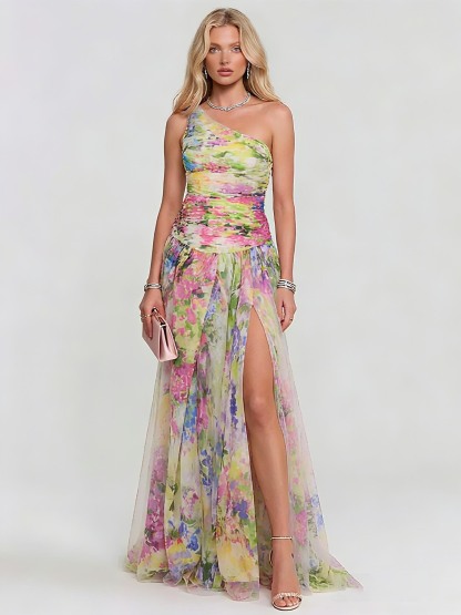 Elegant One-shoulder Watercolor Print Tulle Maxi Dress