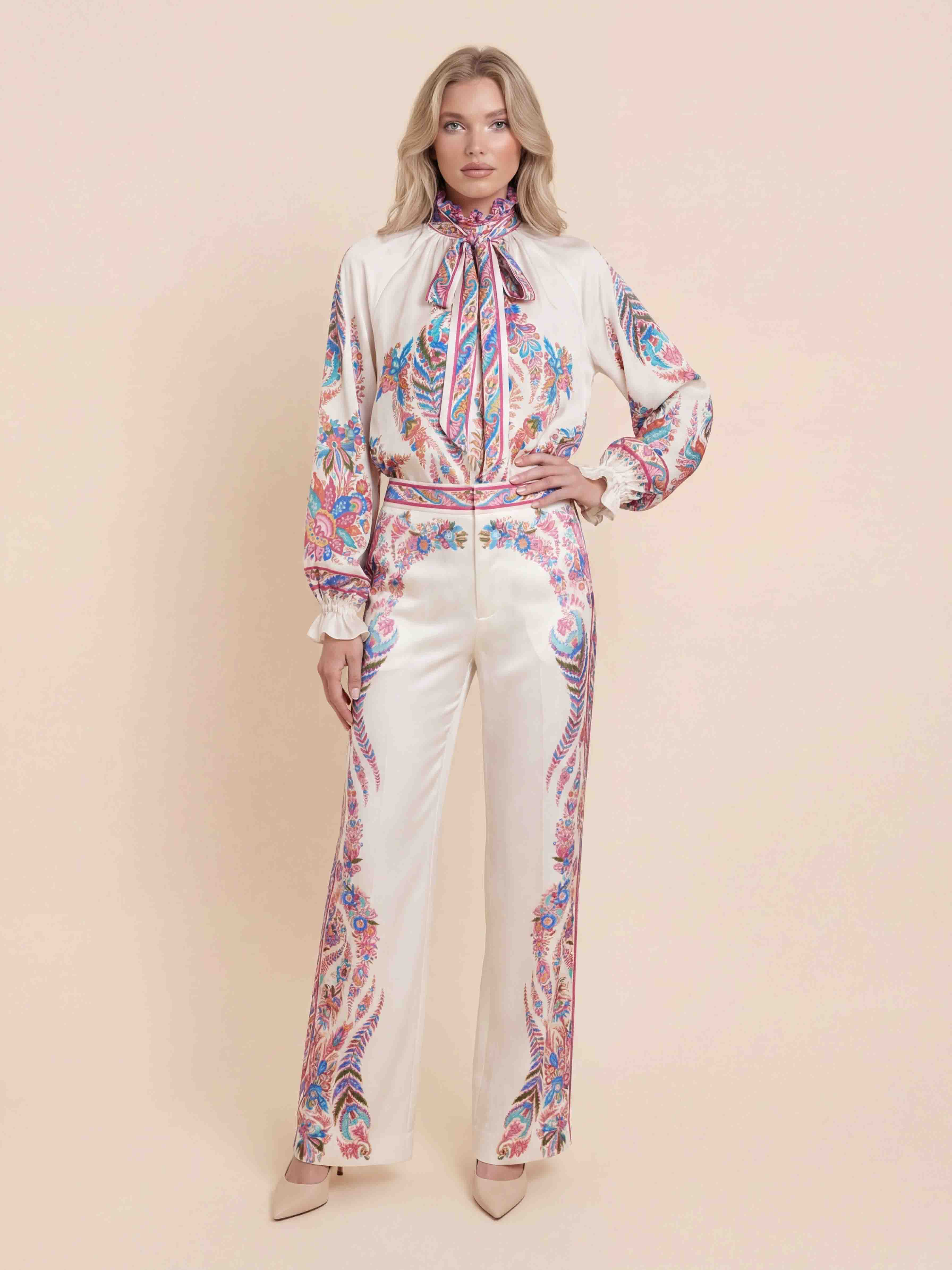 Exquisite Bow Detail Paisley Print Satin Shirt