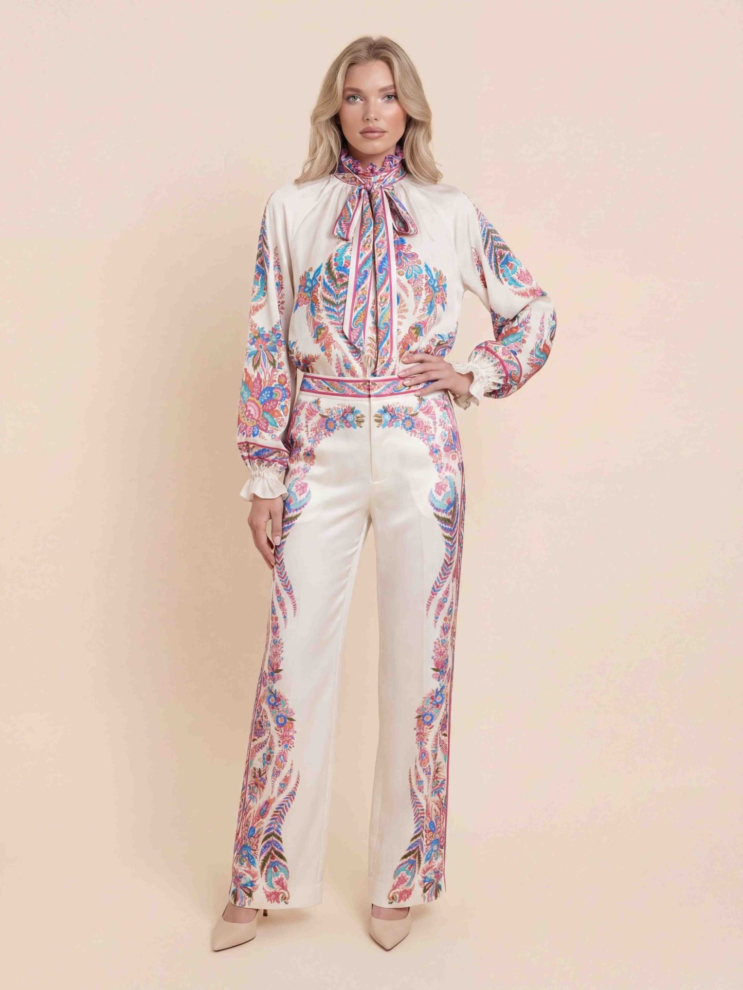 Exquisite Bow Detail Paisley Print Satin Shirt