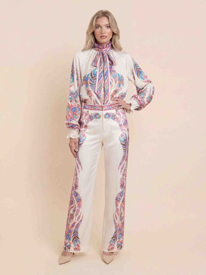 Exquisite Bow Detail Paisley Print Satin Shirt