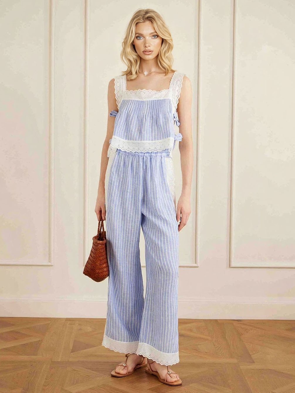 Striped Lace Trim Camisole & Wide-Leg Pants Pajama Set