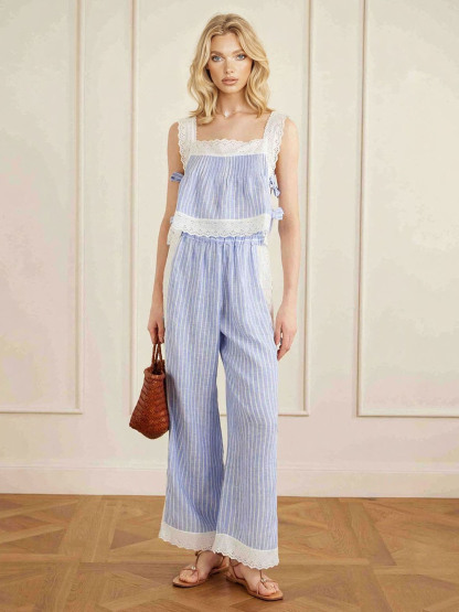 Striped Lace Trim Camisole & Wide-Leg Pants Pajama Set