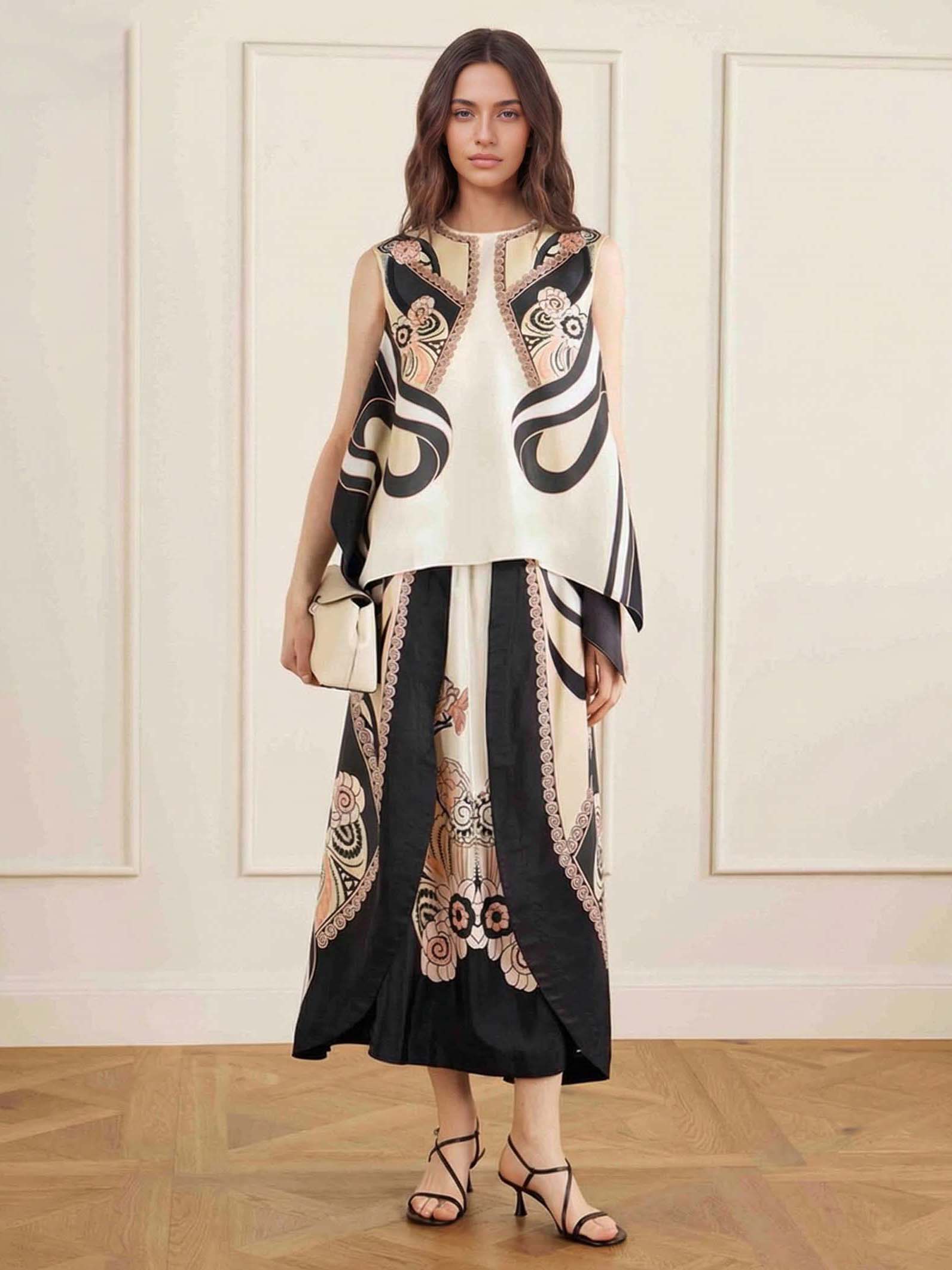 Elegant Satin Abstract Print Asymmetrical Top & Skirt Two-Piece Set