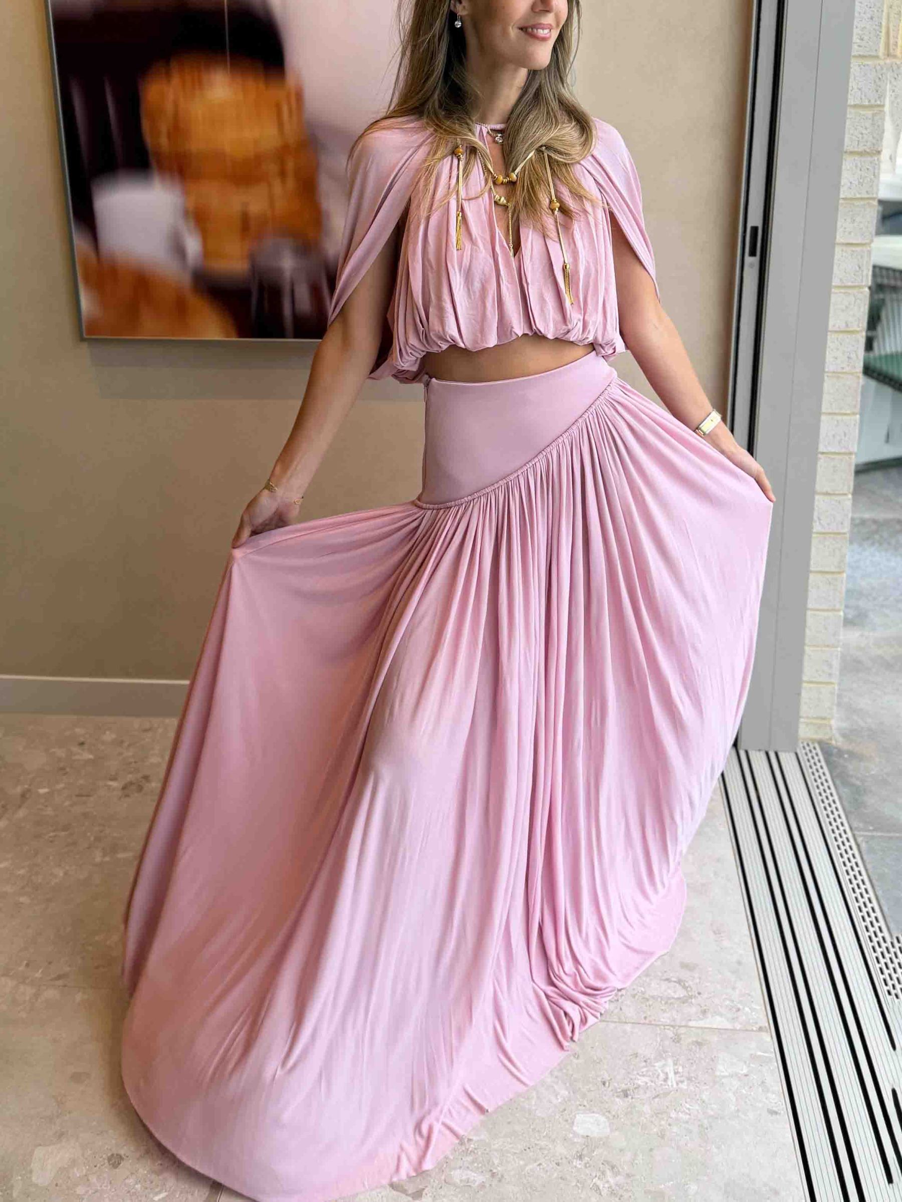 Sexy Ruched Crop Top & Flowy Maxi Skirt Set