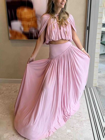 Sexy Ruched Crop Top & Flowy Maxi Skirt Set