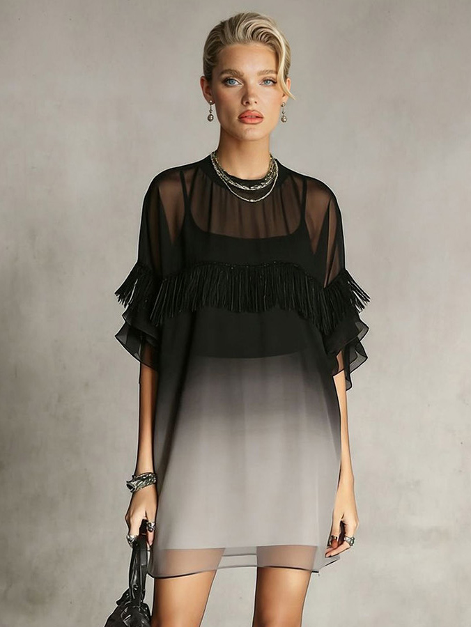 Exquisite Gradient Tassel Trim Chiffon Mini Dress