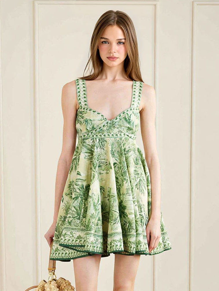 Bohemian Green Palm Print Flared Mini Dress