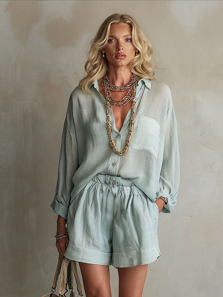 Casual Loose-fitting Shirt And Drawstring Shorts Two-piece Set