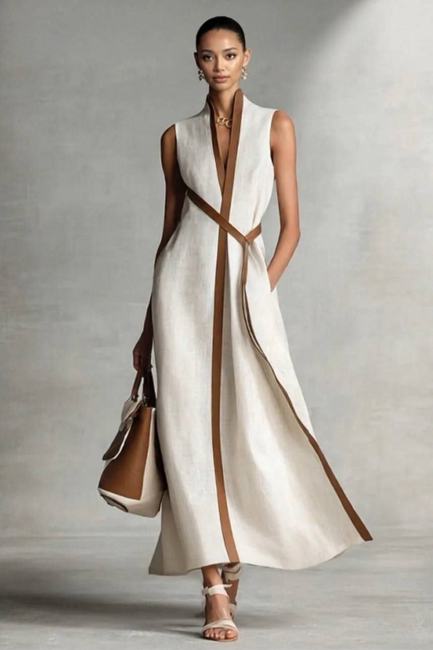 Stand Collar Lace-up Maxi Dress