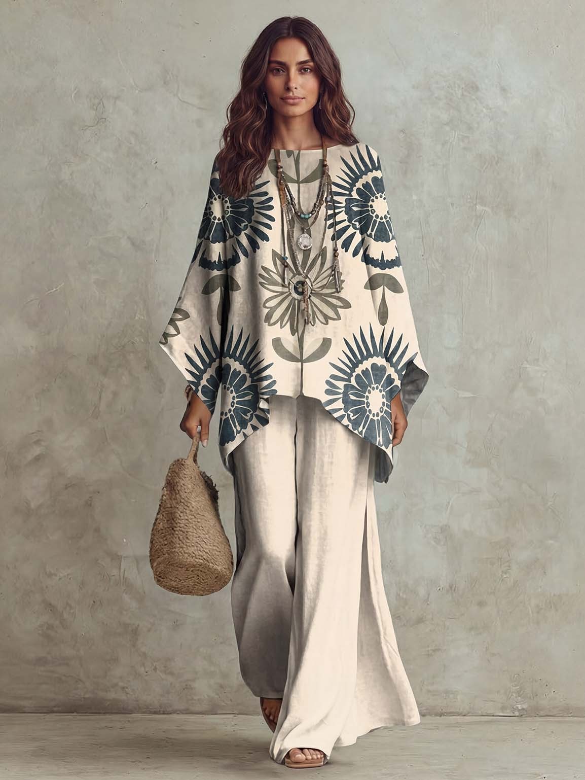 Retro Floral Print Batwing Sleeve Loose Two-Piece Set