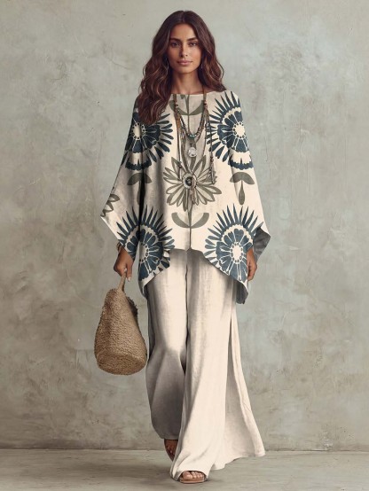 Retro Floral Print Batwing Sleeve Loose Two-Piece Set