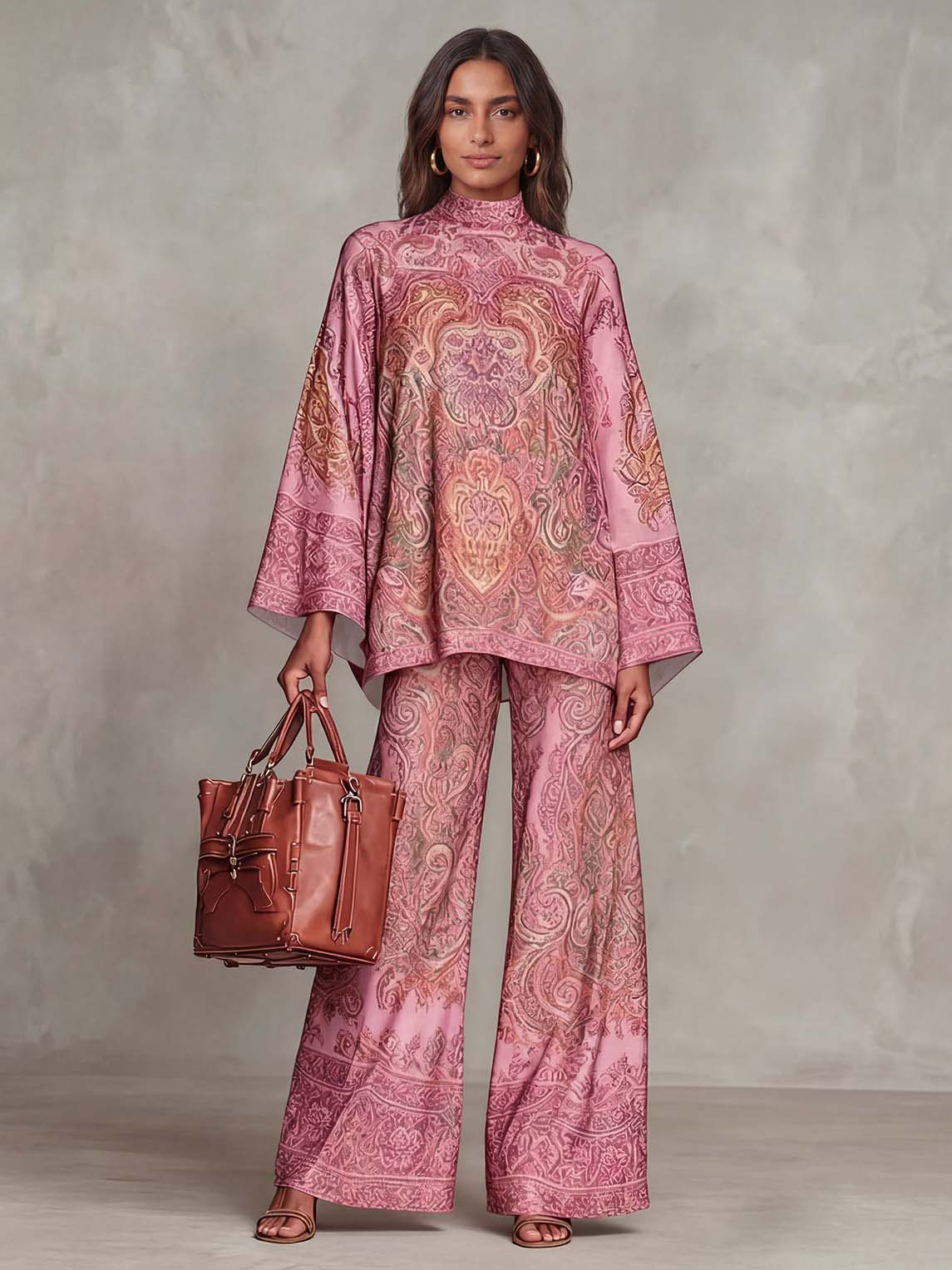 Elegant Satin Paisley Print Batwing Sleeve Two-Piece Set