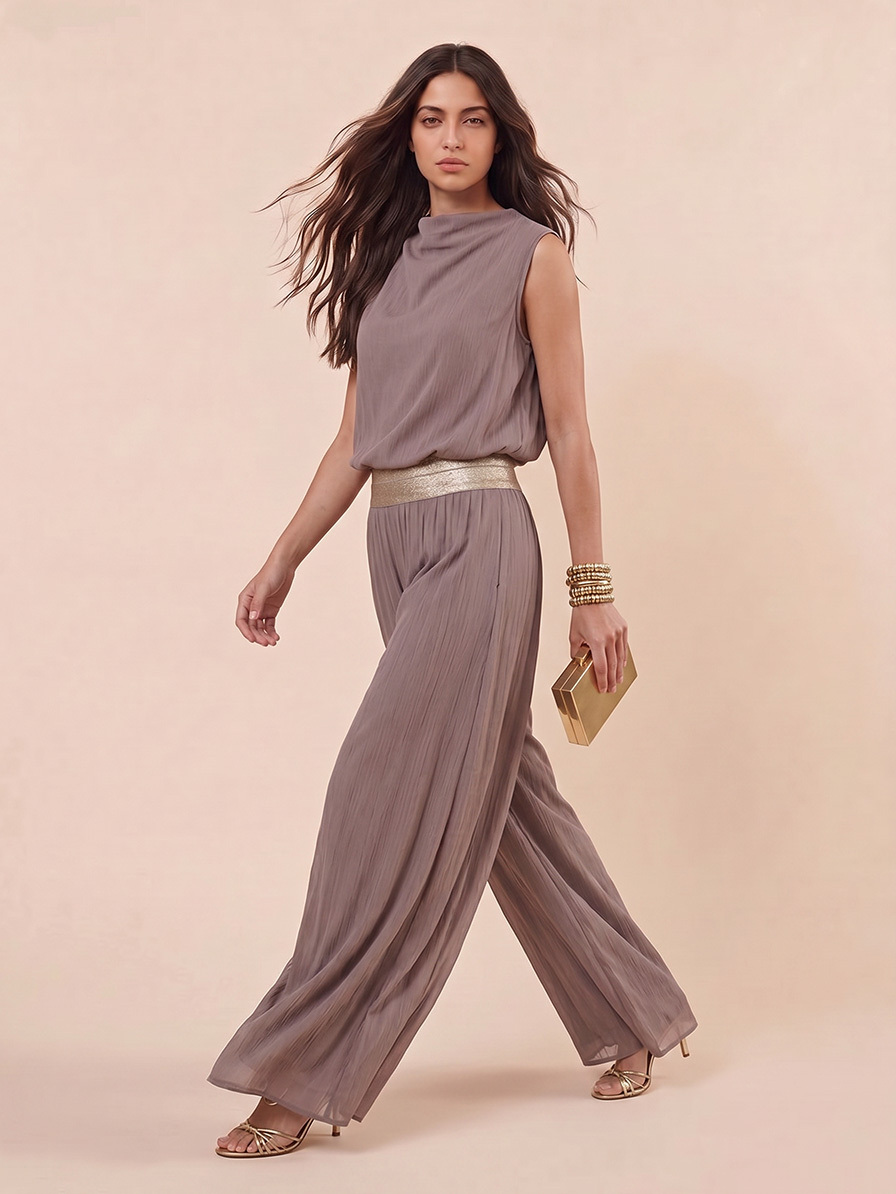 Casual Sleeveless Top & Gold Belt Flowing Wide-Leg Pants Two-Piece Set