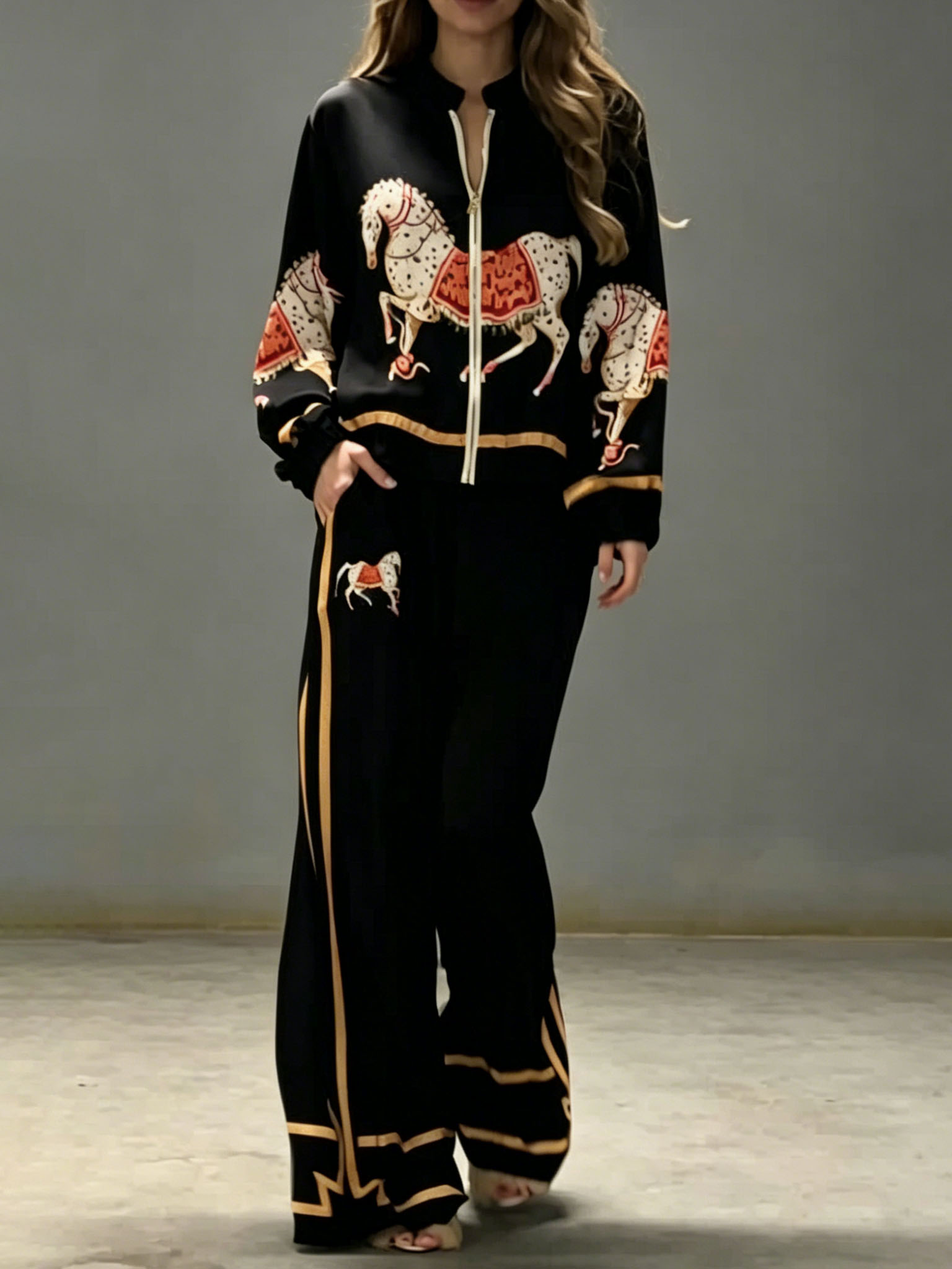 Exquisite Satin Horse Print Zip-Up Shirt