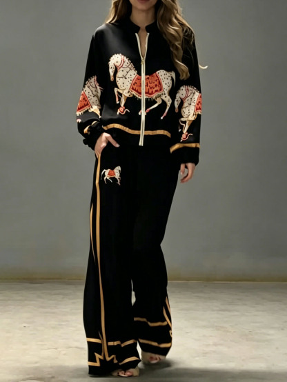 Exquisite Satin Horse Print Zip Jacket & Wide-Leg Pants Two-Piece Set