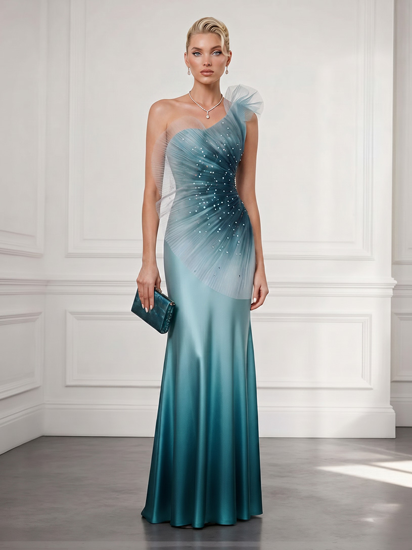 Elegant Gradient One-Shoulder Tulle  Satin Maxi Dress