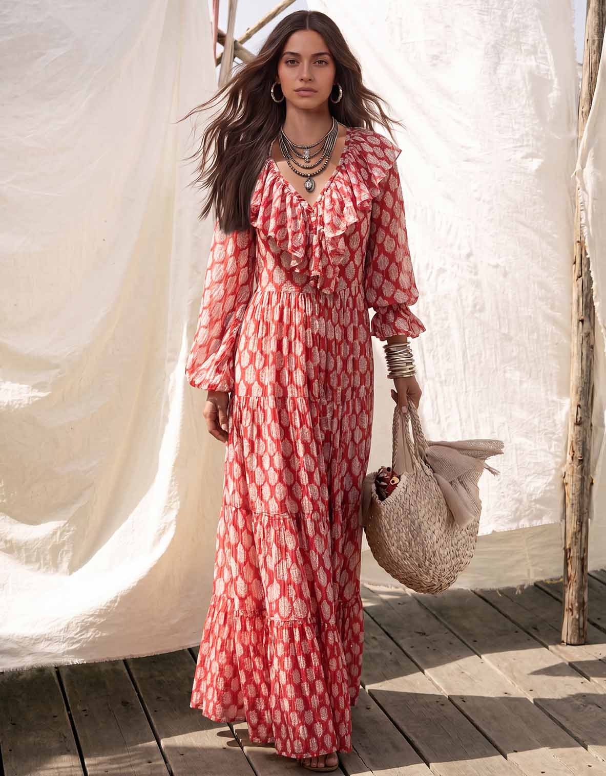 Retro Geometric Print Tiered Bohemian Beach Maxi Dress