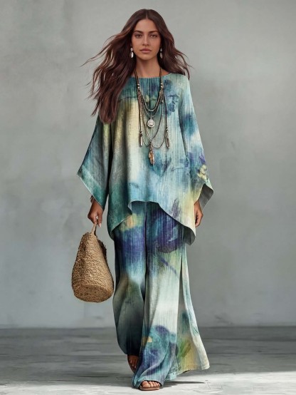 Exquisite Tie-Dye Print Batwing Sleeve Shirt & Pants Two-Piece Set
