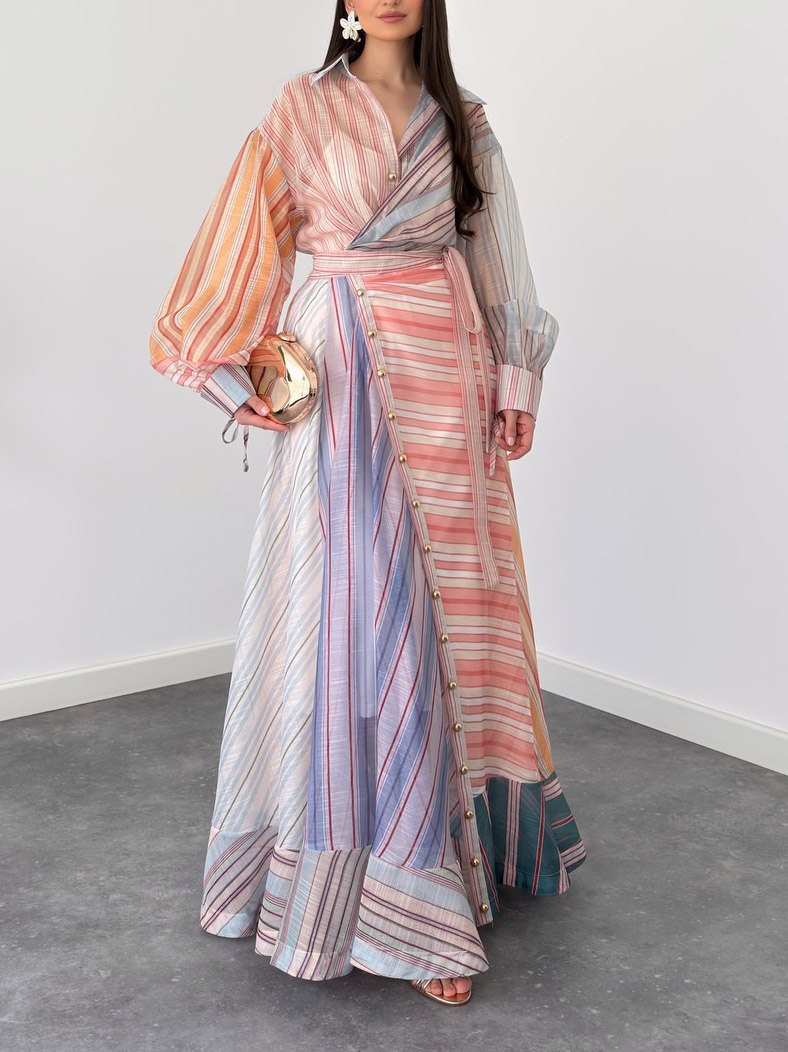 Elegant Striped Wrap Shirt Maxi Dress