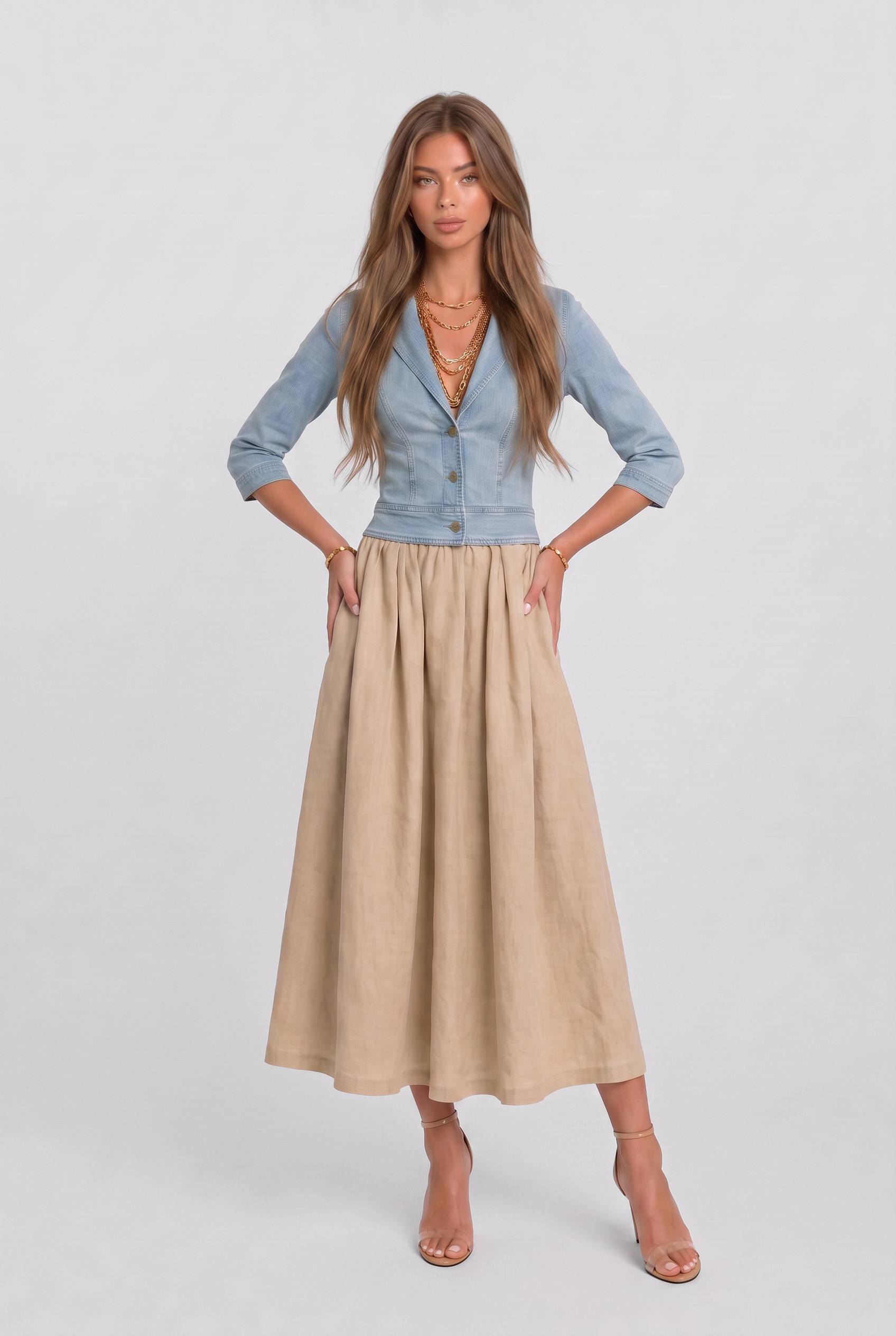 Vintage Denim Top And Linen Skirt Set