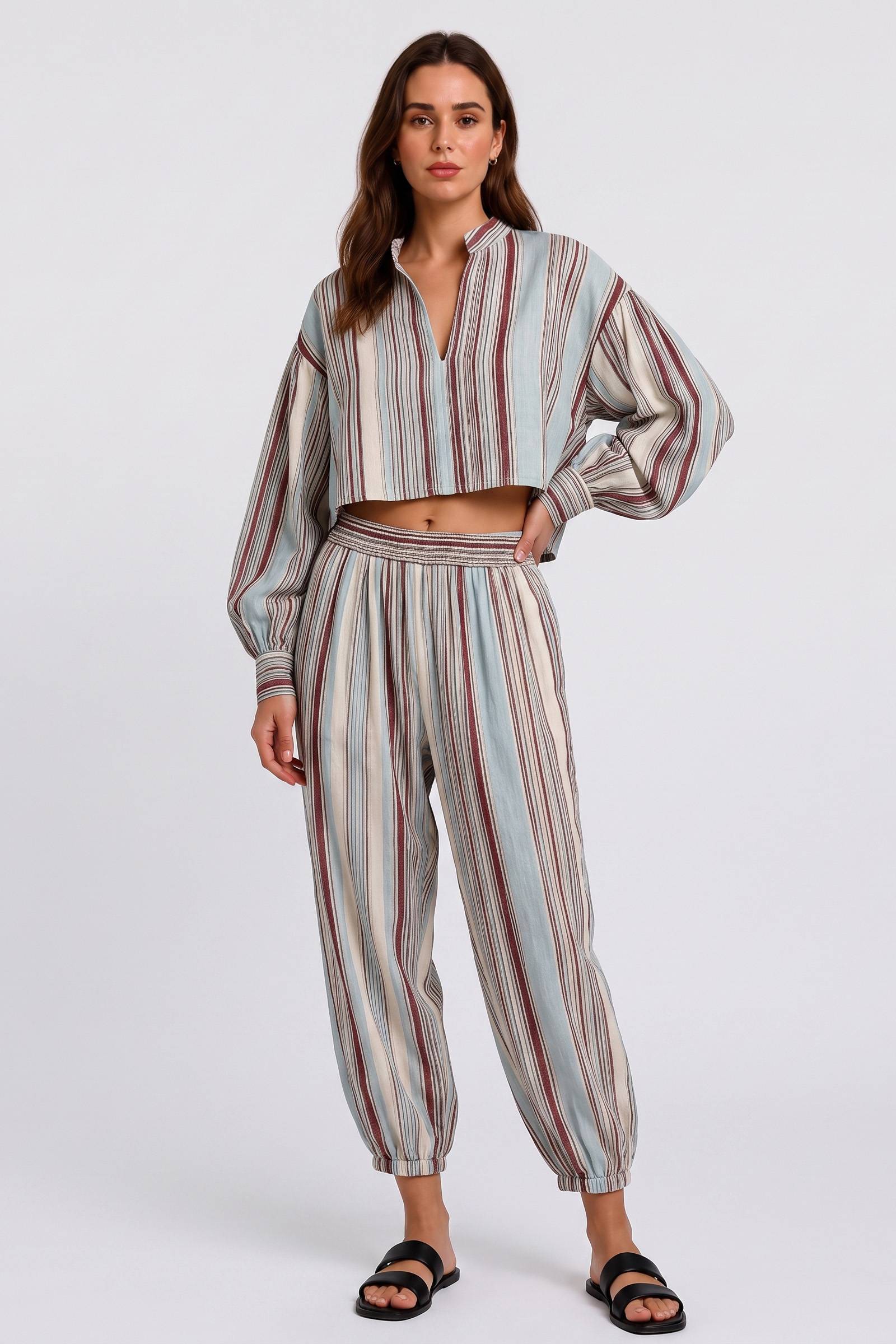 Puff Sleeve Top Leg Wide Leg Pants Retro Vertical Stripe Holiday Style Set