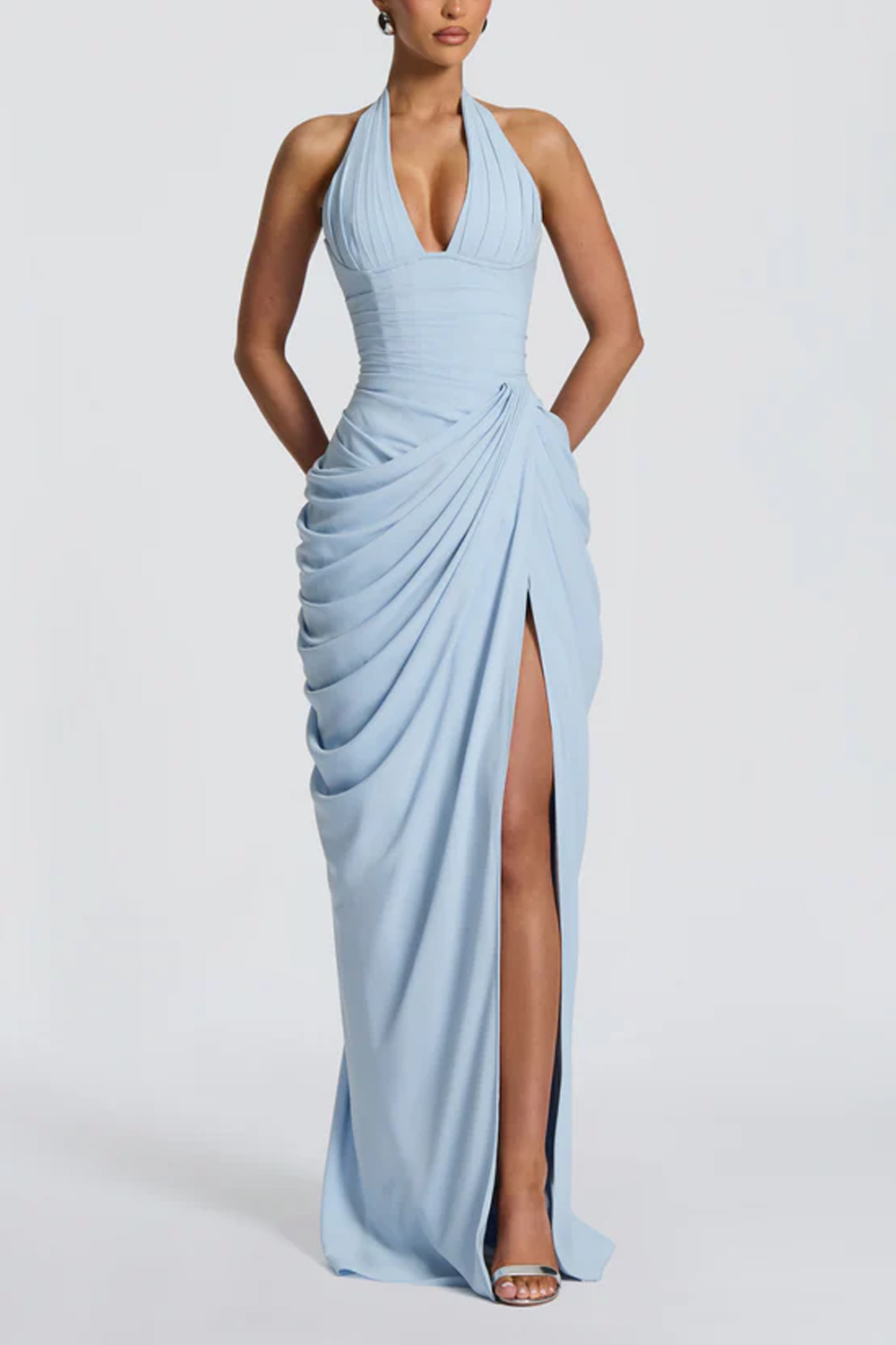 Long Dress With Deep Neck V-pleated Split